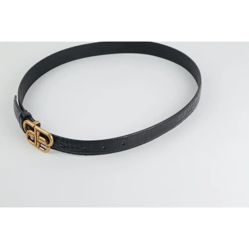 Balenciaga Black Croc Embossed Leather BB Logo Belt Antique Gold Hardware 80